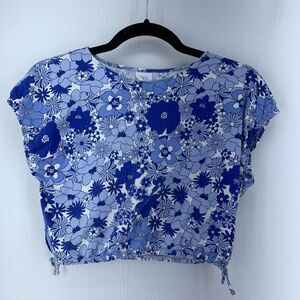 Zara Girls 8 Semi Cropped Top Floral Cottagecore Ditsy Blue White Summer Beach